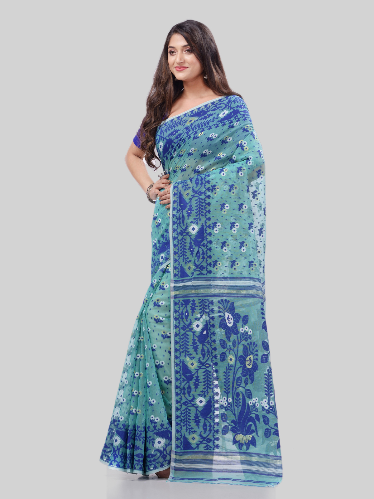 Dhakai Jamdani Bengal Pure Cotton Handloom Firoza Blue Saree 